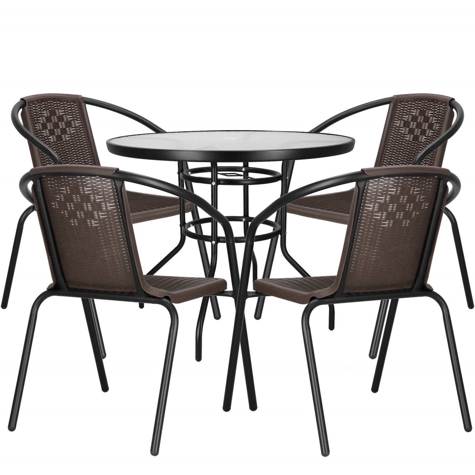 Meble na balkon: stolik kawowy, 4 krzesła metalowe do ogrodu czarno-brązowe