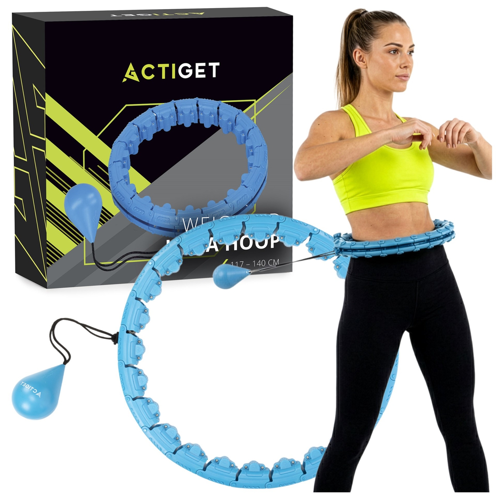 Hula hop cardio, fitness składane z obciążeniem i wypustkami masującymi, niebieskie