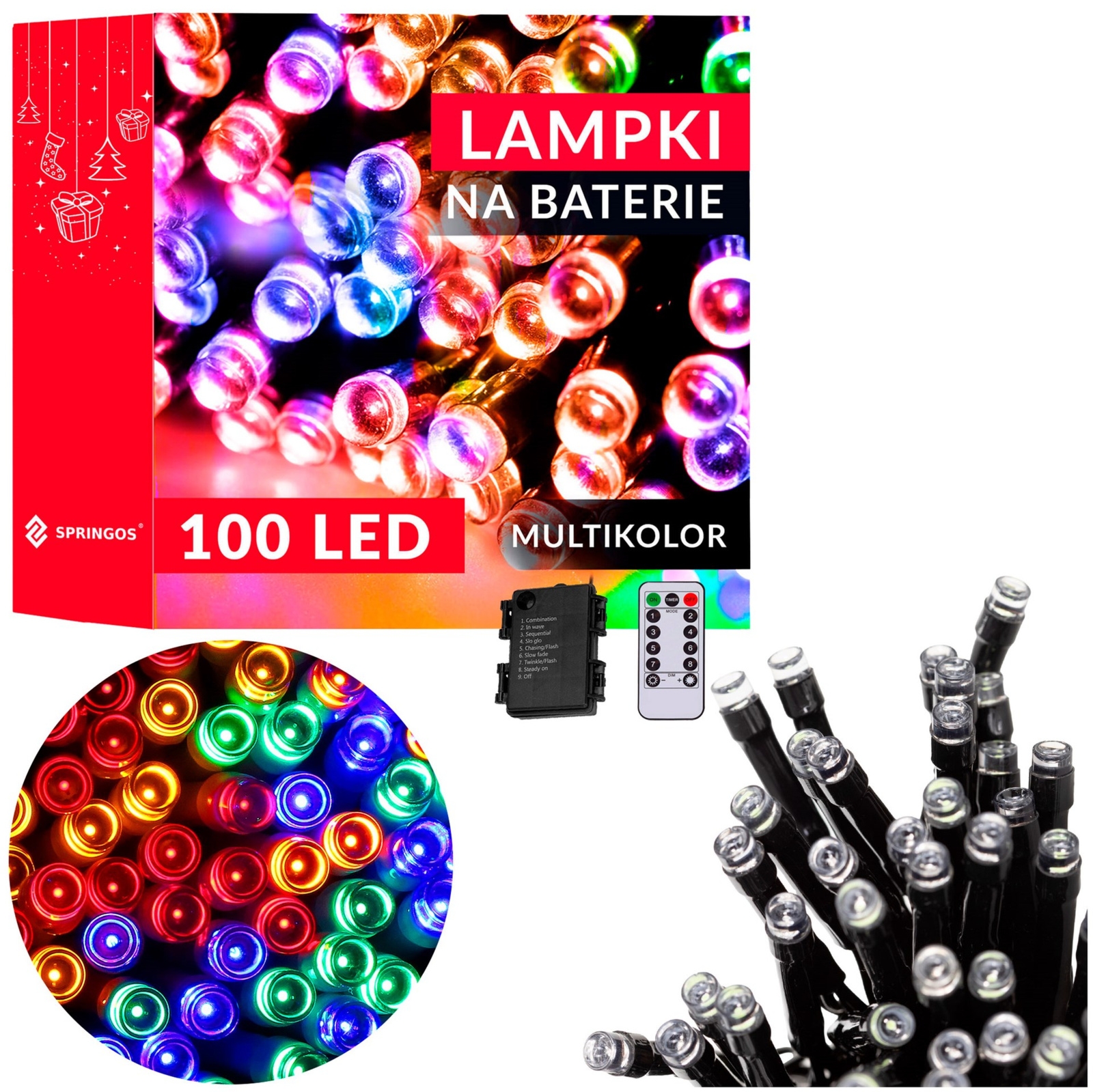 Lampki choinkowe na baterie 100 LED zewnętrzne, wewnętrzne 10 m na pilot, multikolor