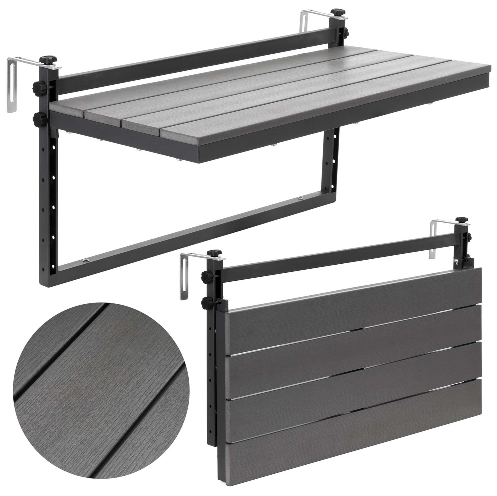 Stół zawieszany na balustradę, kawowy 80x37 cm składany, czarno-szary