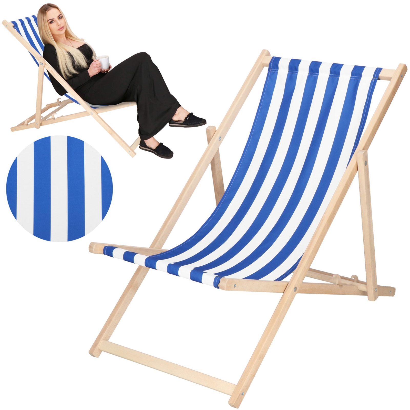 Leżak plażowy składany drewniany 3 stopnie regulacji, ogrodowy biało-niebieskie pasy