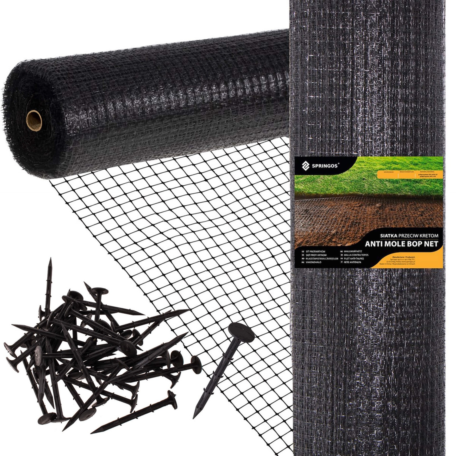 Siatka przeciw kretom nornicom 2mx200 m + kołki 200 szt. ochrona na gryzonie 45g/m2