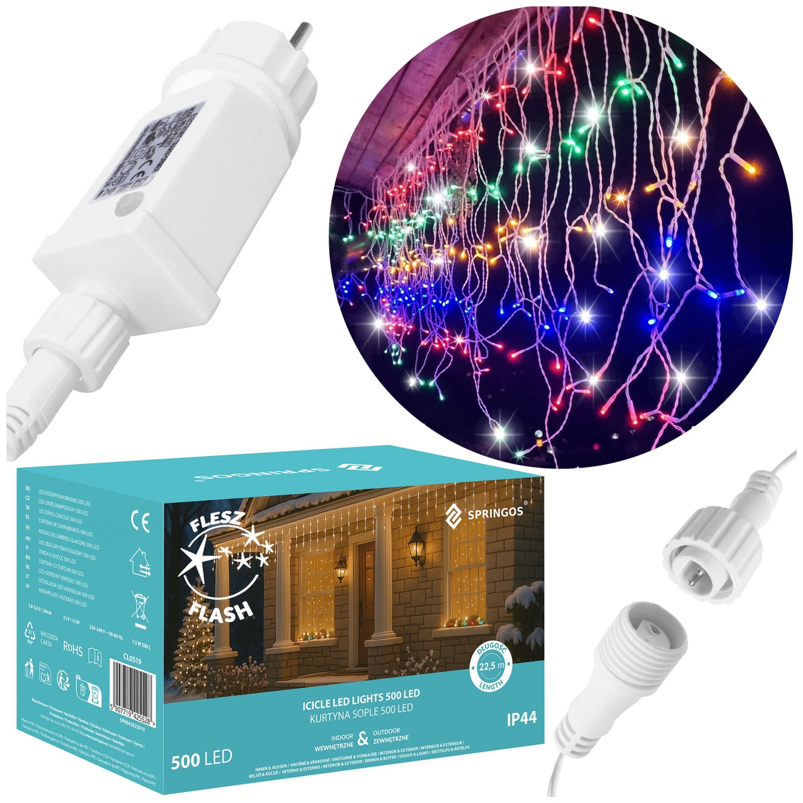 Kurtyna świetlna 500 led multikolor, flash biały zimny girlanda, lampki wewnętrzno-zewnętrzne sople