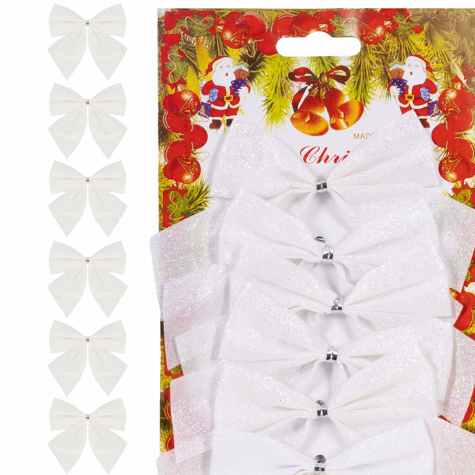 Kokardki na choinkę 6 szt. brokatowe ozdoby świąteczne zawieszki białe