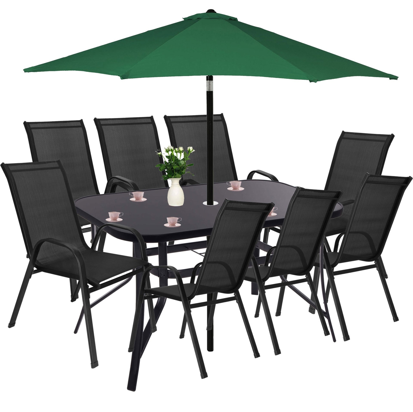 Zestaw mebli ogrodowych metalowy stół 150 cm ze szkła hartowanego i 8 krzeseł czarne