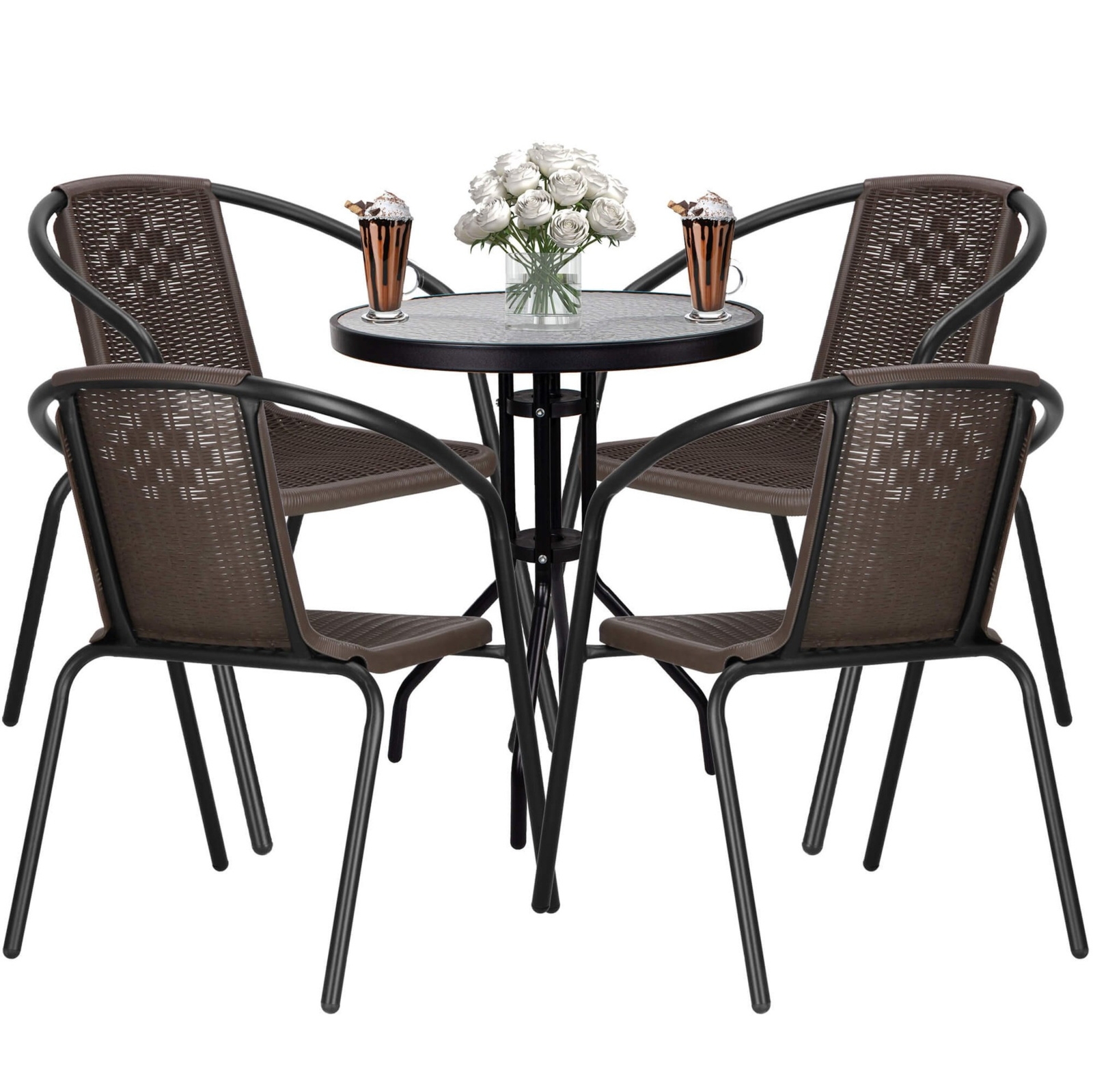 Zestaw mebli ogrodowych stół okrągły i 4 krzesła metalowe komplet ogrodowy czarno-brązowy