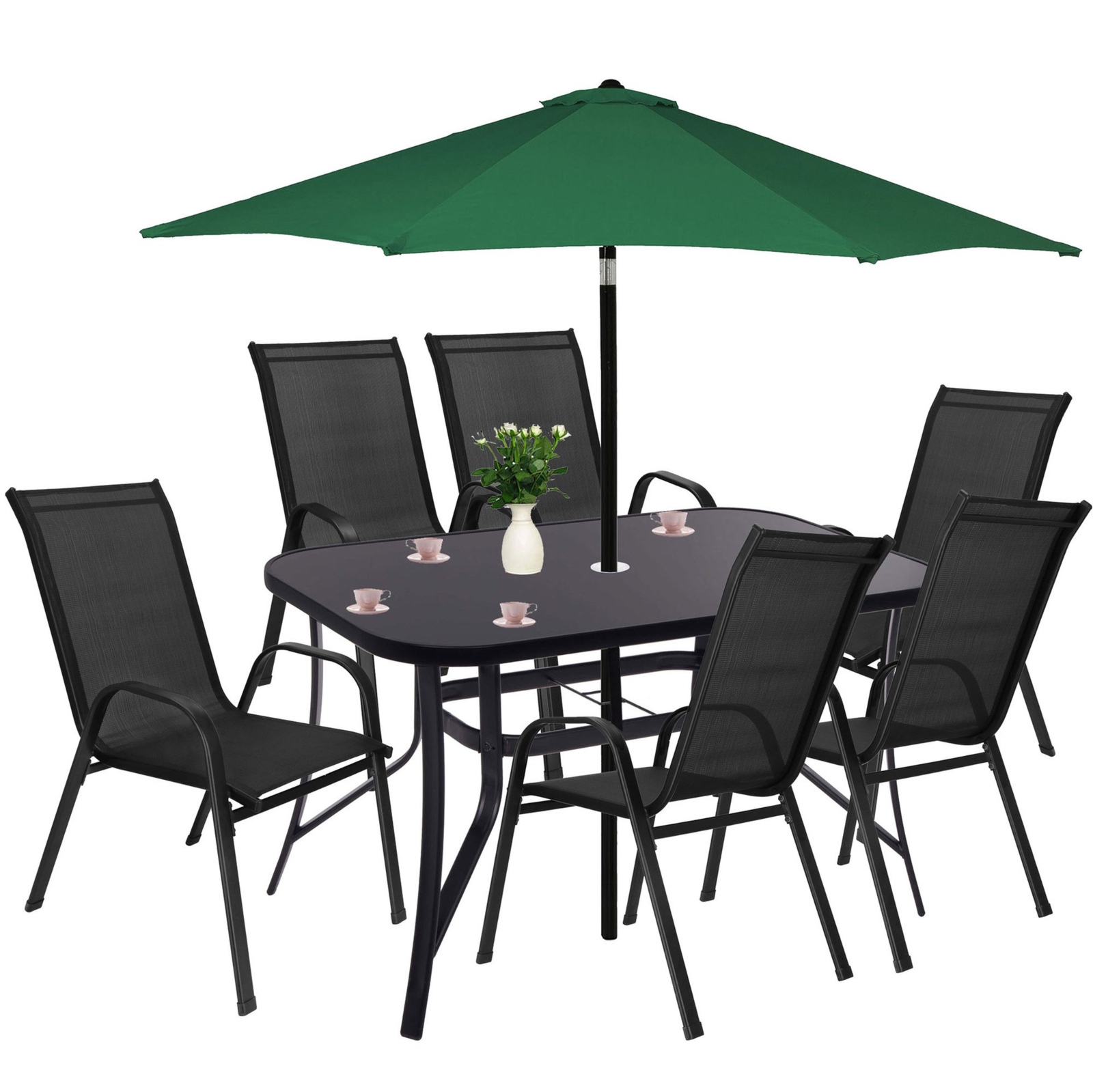 Zestaw mebli ogrodowych metalowy stół 150 cm ze szkła hartowanego i 6 krzeseł czarne