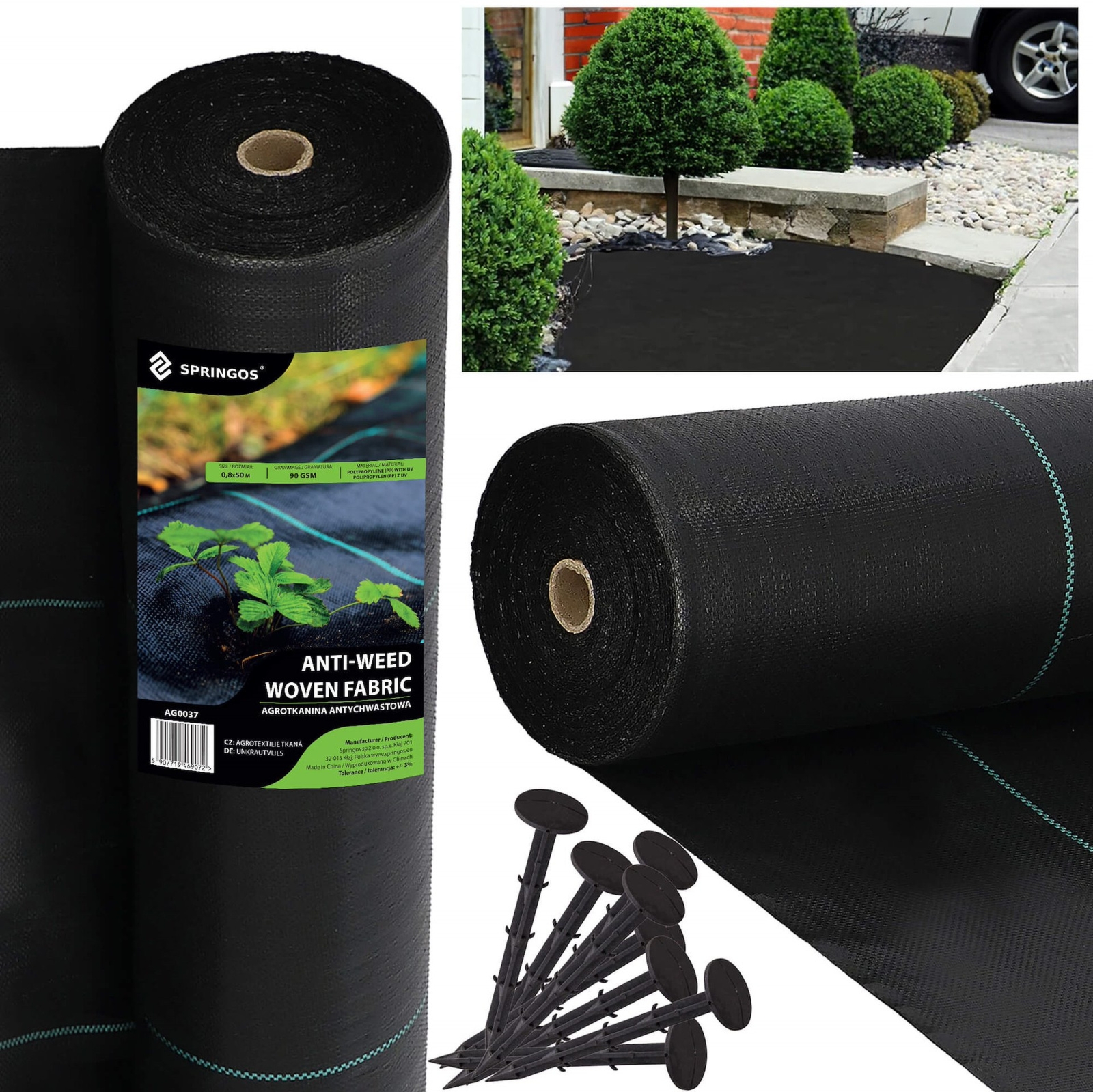 Agrowłóknina antychwastowa agrotkanina 90g czarna mata 0,8x50 m gruba + kotwy mocujące 50 szt. kołki