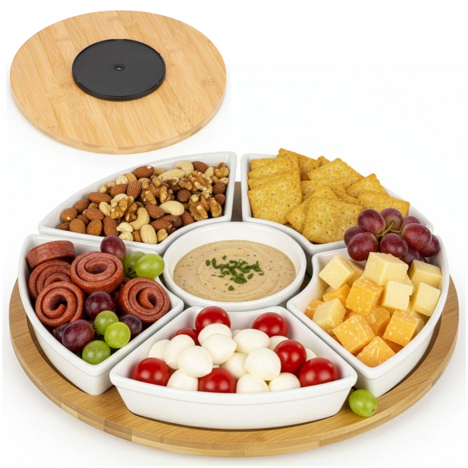 Patera bambusowa, obrotowa 30 cm z 6 miseczkami na przekąski taca okrągła