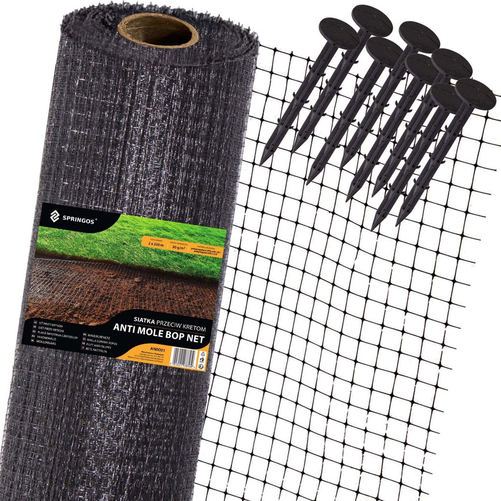 Siatka przeciw nornicom 2 m x 100 m + kołki 50 szt. przeciw kretom 30g/m2