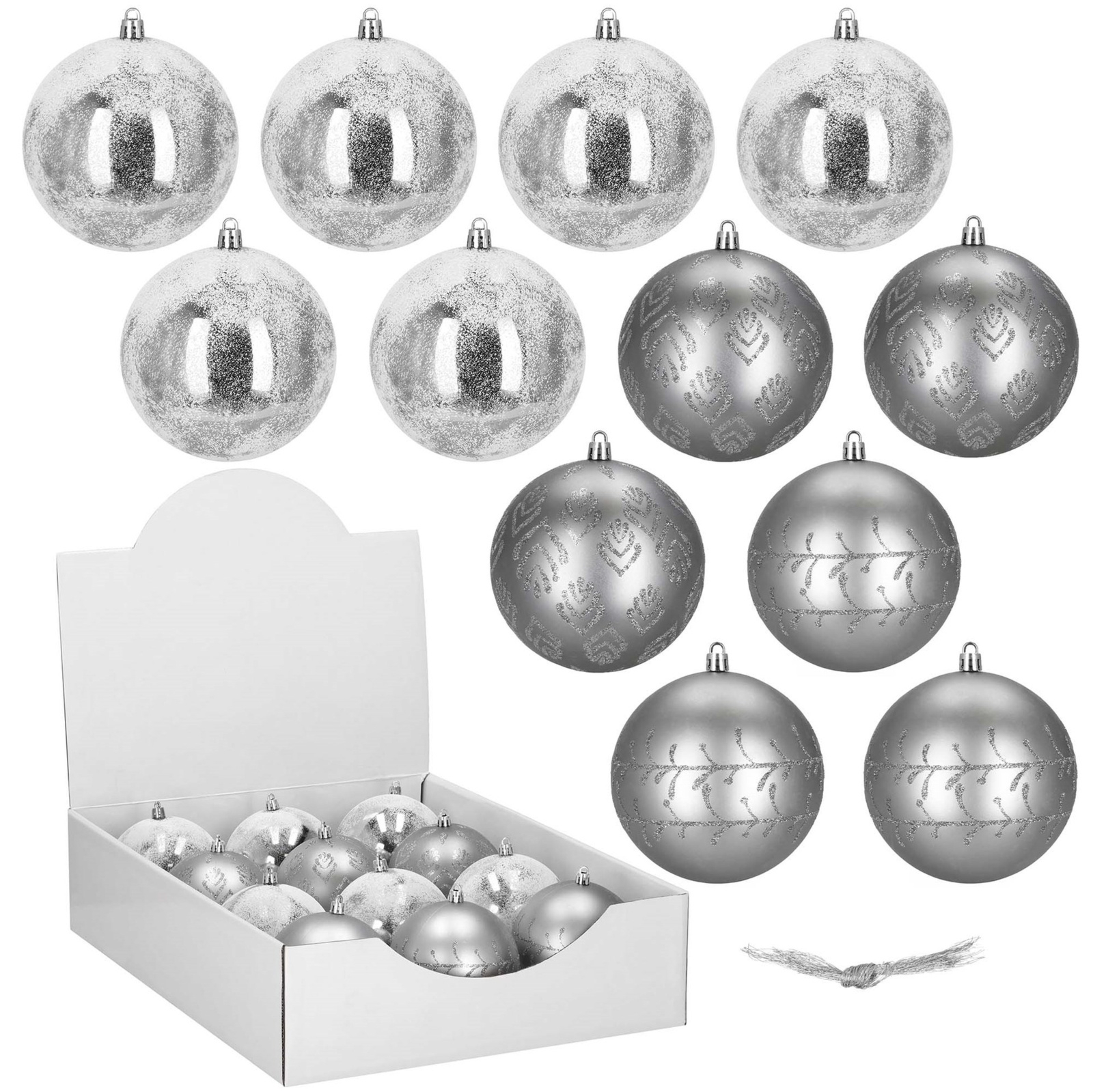 Bombki choinkowe srebrne 12 szt. 11 cm komplet ozdoby świąteczne zdobione