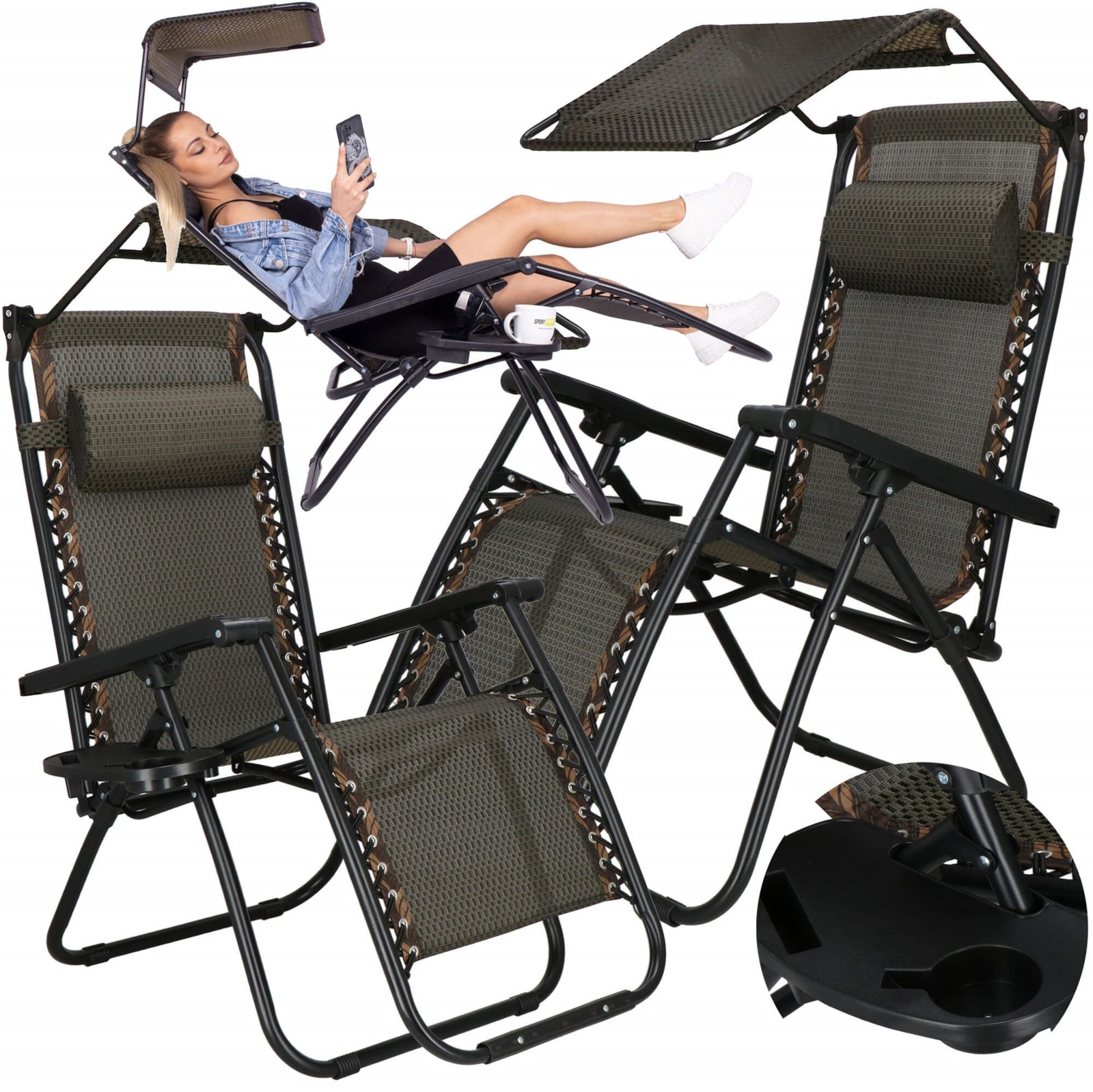 Leżaki ogrodowe grawitacyjne z daszkiem na taras plażę składane zero gravity 2 szt.