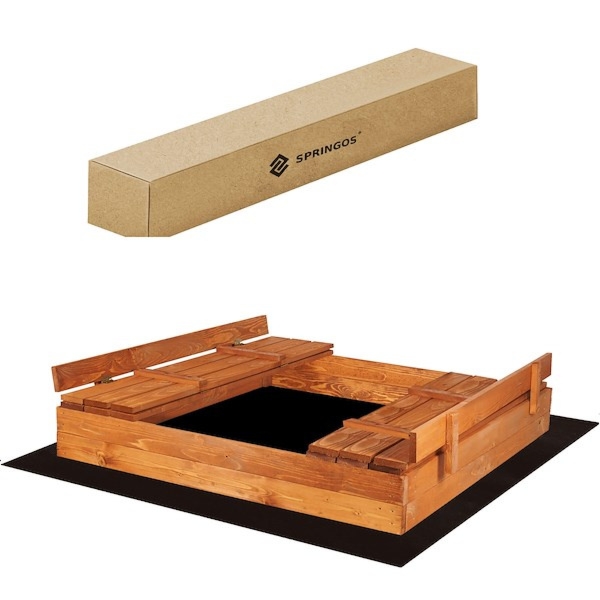 Piaskownica drewniana 140x140 cm z 2 ławkami, zamykana z drewna impregnowanego, z agrowłókniną