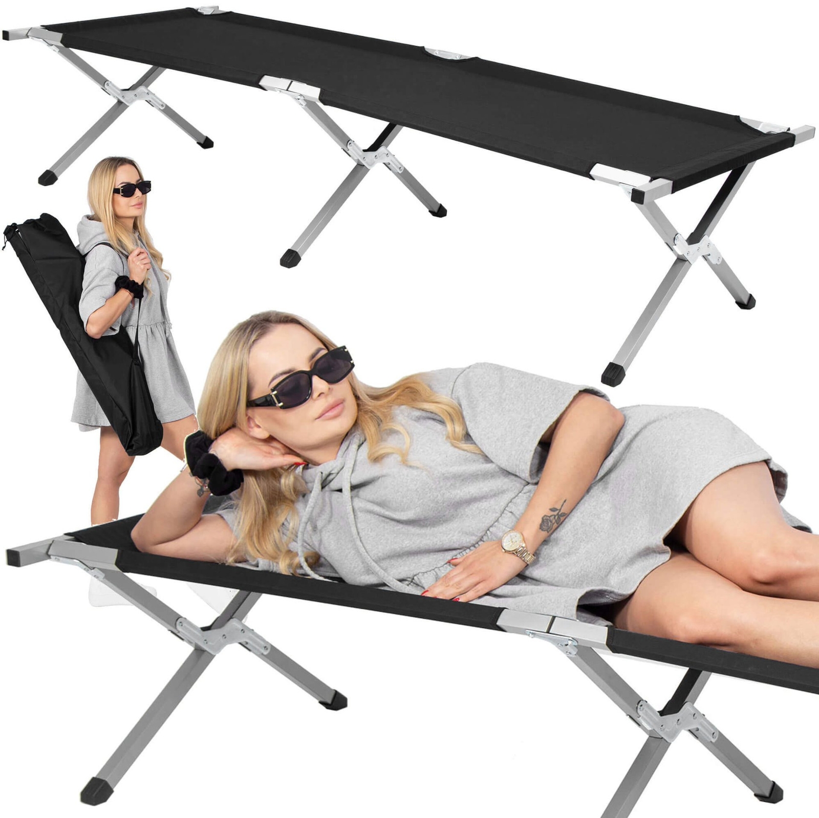 Łóżko polowe składane kanadyjka łóżko turystyczne na kemping do 120 kg czarne