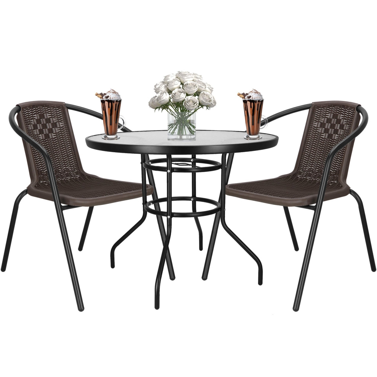 Meble na balkon: stolik kawowy, 2 krzesła metalowe do ogrodu czarno-brązowe