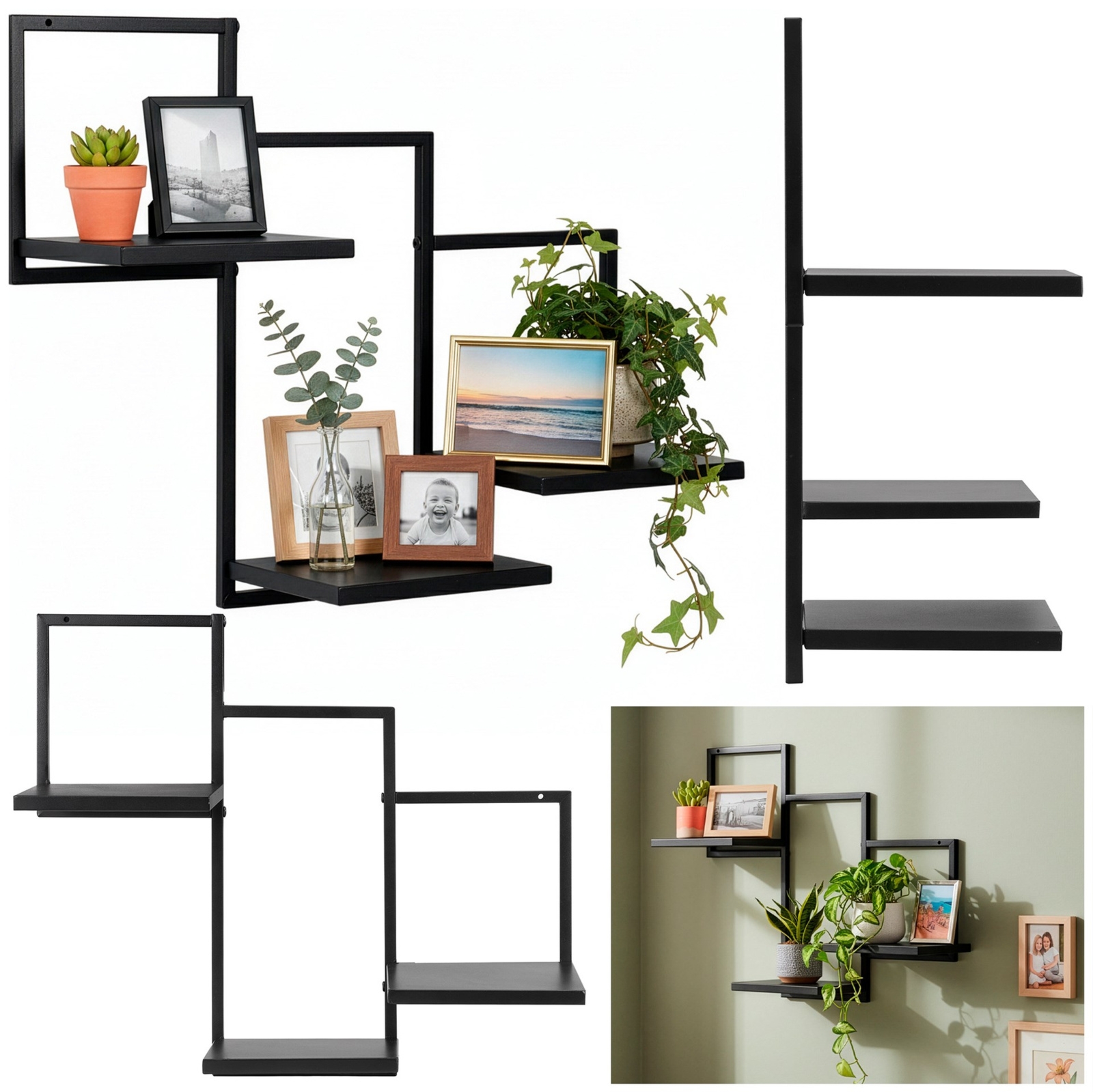 Półka ścienna, trzypoziomowa 57,5x21x50 cm wisząca, do salonu, kuchni, czarna