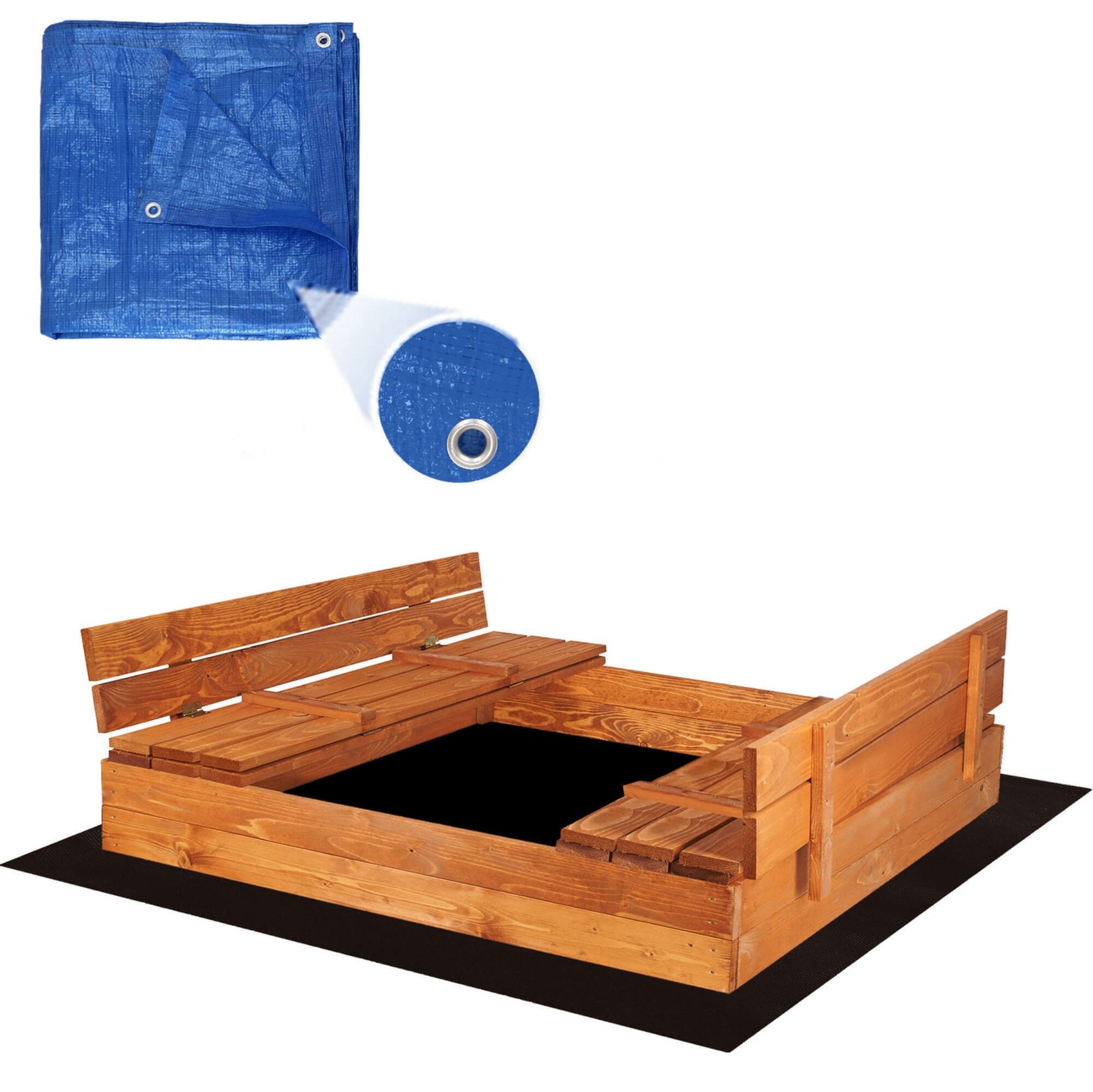 Piaskownica drewniana zamykana 150x150 cm impregnowana z ławkami, plandeką i podłożem