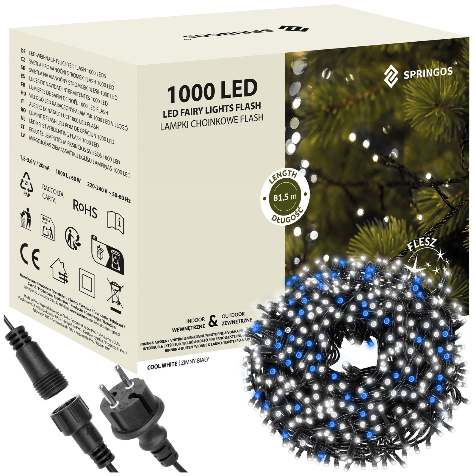 Lampki choinkowe 1000 led oświetlenie świąteczne IP44 81,5m biały zimny, flash niebieski