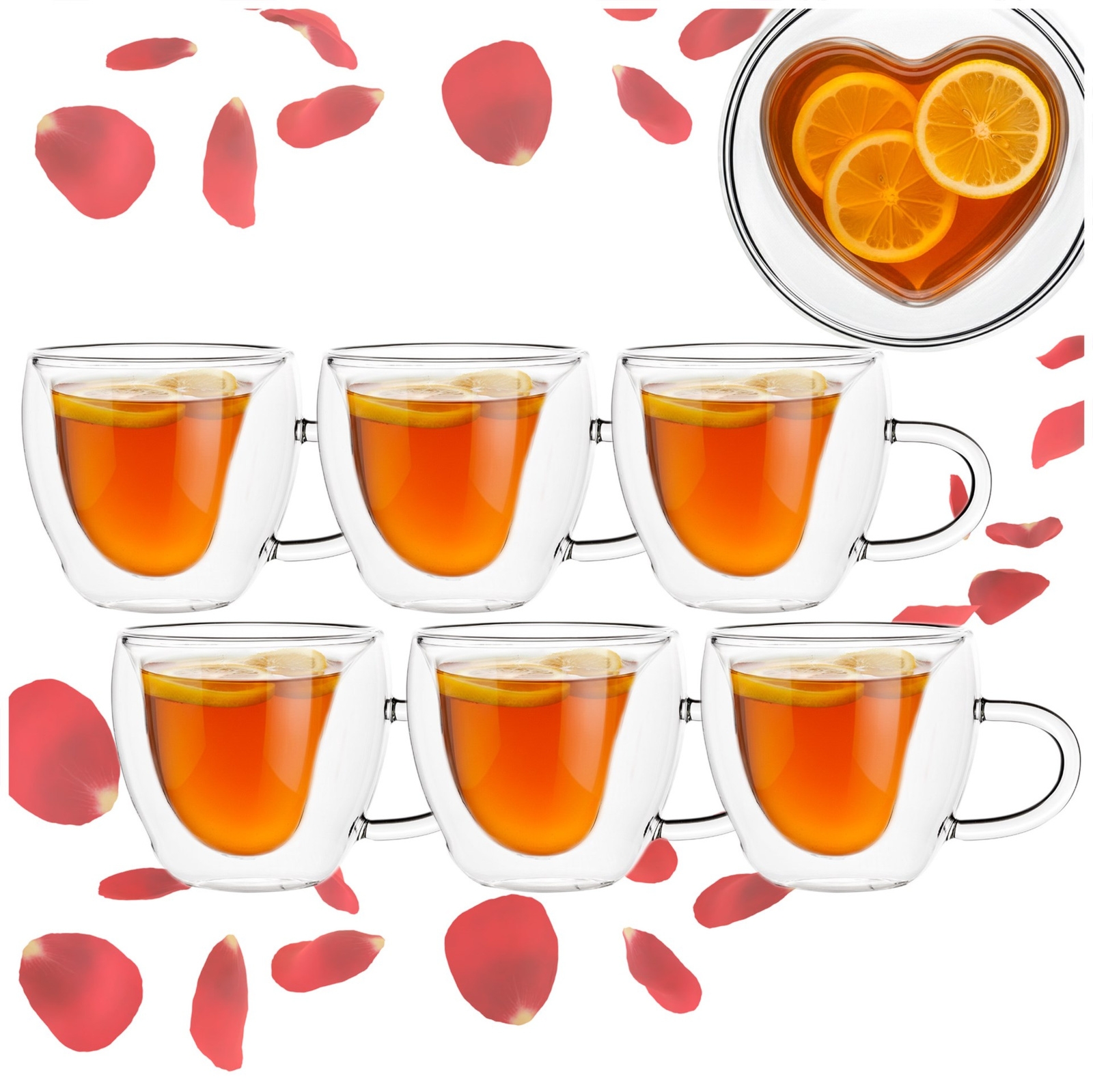 Szklanki z podwójnym dnem 6 szt. termiczne 220 ml serce, filiżanka na kawę herbatę, z uchem