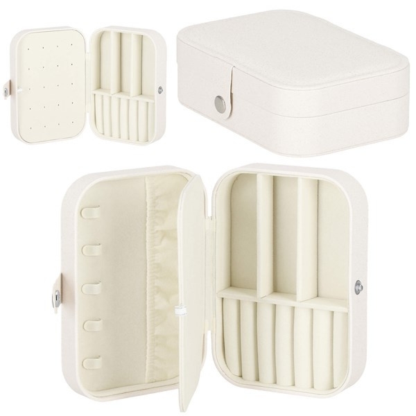 Szkatułka na biżuterię ekoskóra 16x11x5 cm kremowa z brokatem kuferek z przegródkami