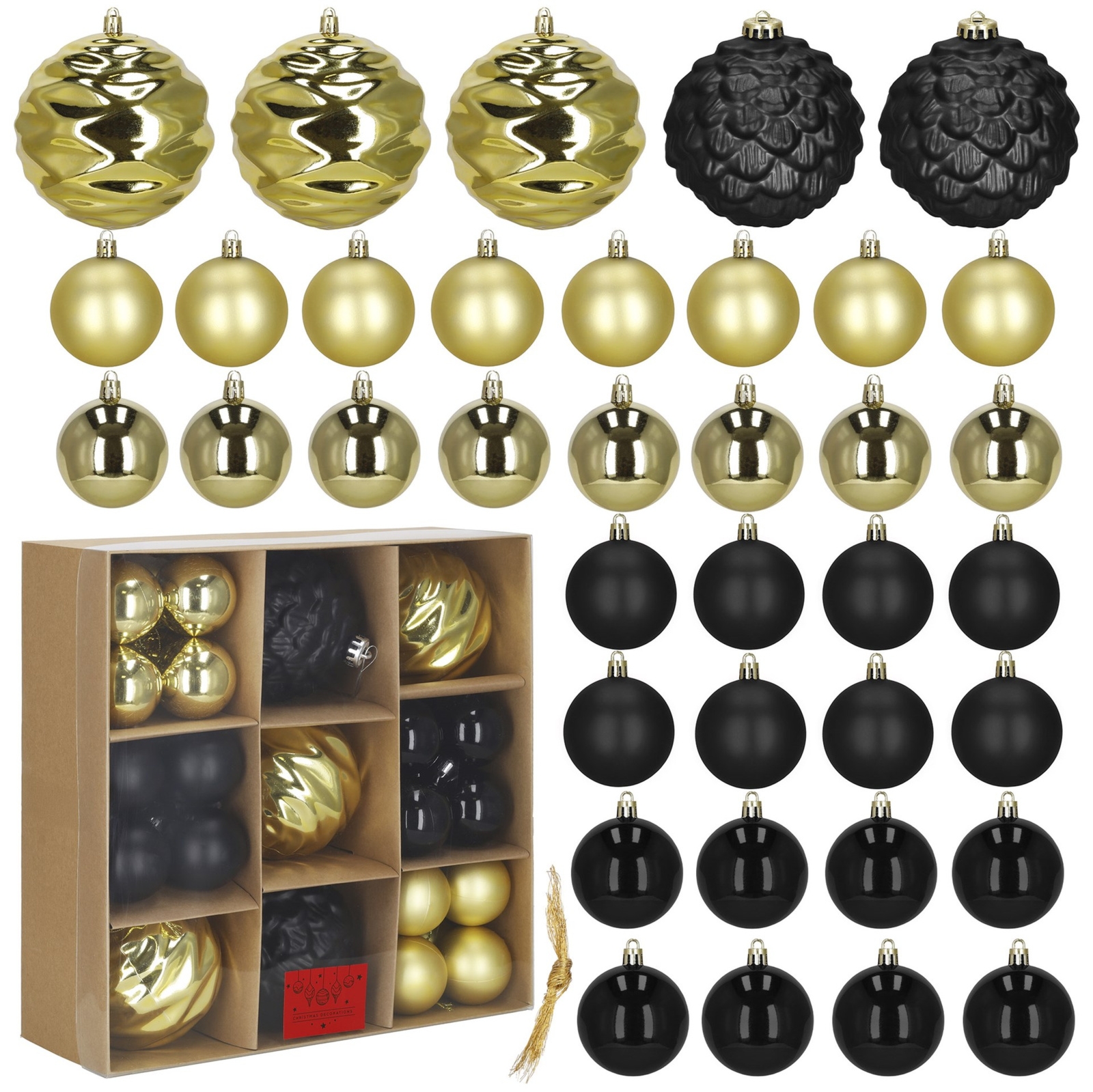 Bombki choinkowe zestaw 37 szt. ozdoby świąteczne do stroika, nietłukące złoto-czarne