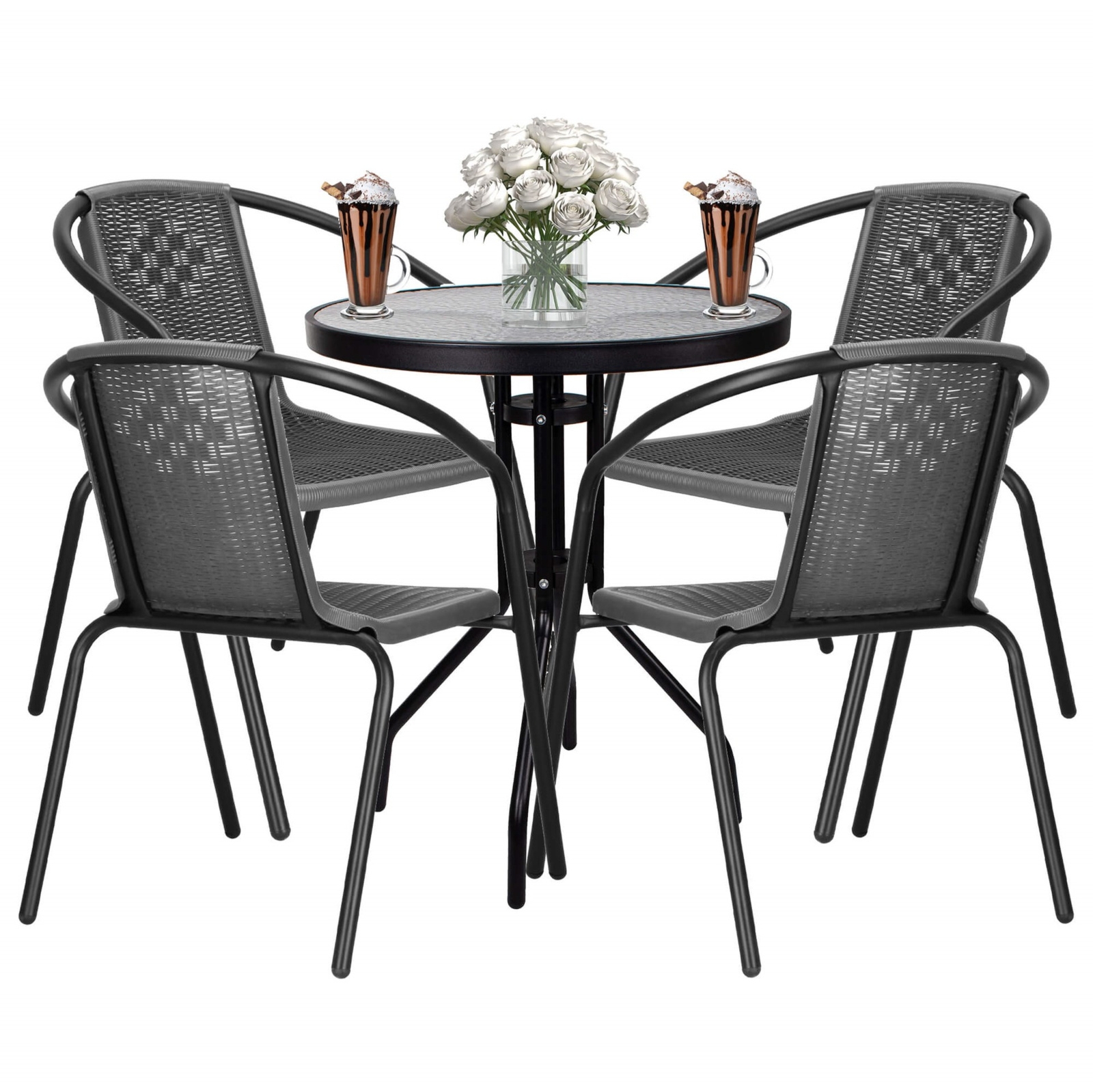 Zestaw mebli ogrodowych stół okrągły i 4 krzesła metalowe komplet na balkon czarno-szary