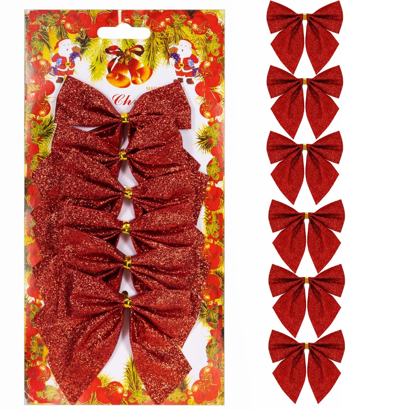 Kokardki na choinkę 6 szt. brokatowe ozdoby świąteczne zawieszki czerwone