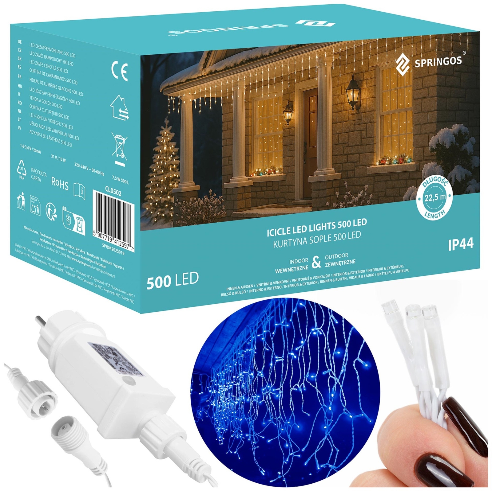 Kurtyna świetlna 1500 led girlanda, lampki wewnętrzno-zewnętrzne sople niebieski