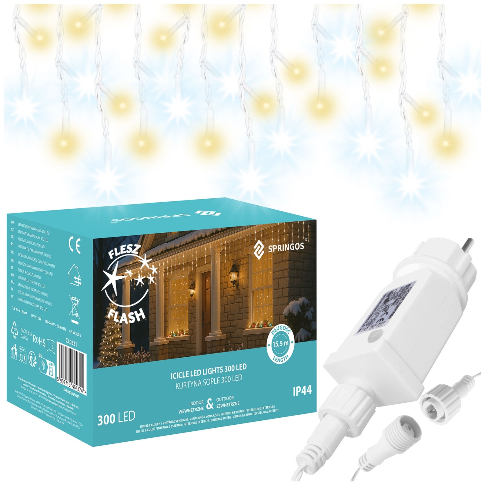 Kurtyna świetlna 300 led girlanda, lampki wewnętrzno-zewnętrzne sople biały ciepły + flash