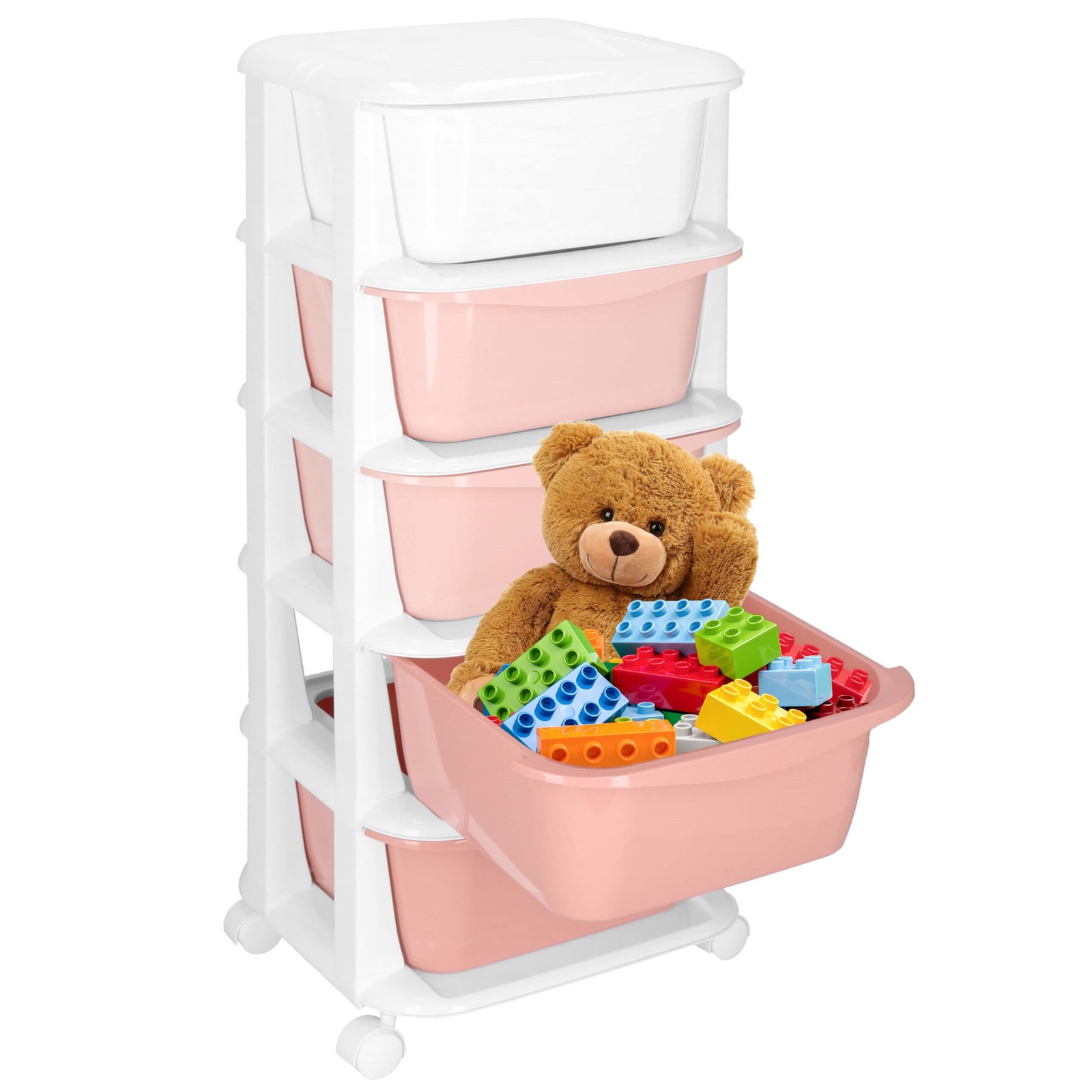 Regał łazienkowy z 5 szufladami szafka na kółkach na zabawki mobilna różowo-biała