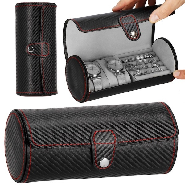 Szkatułka na zegarki carbon śr. 9 cm tuba czarno-szara