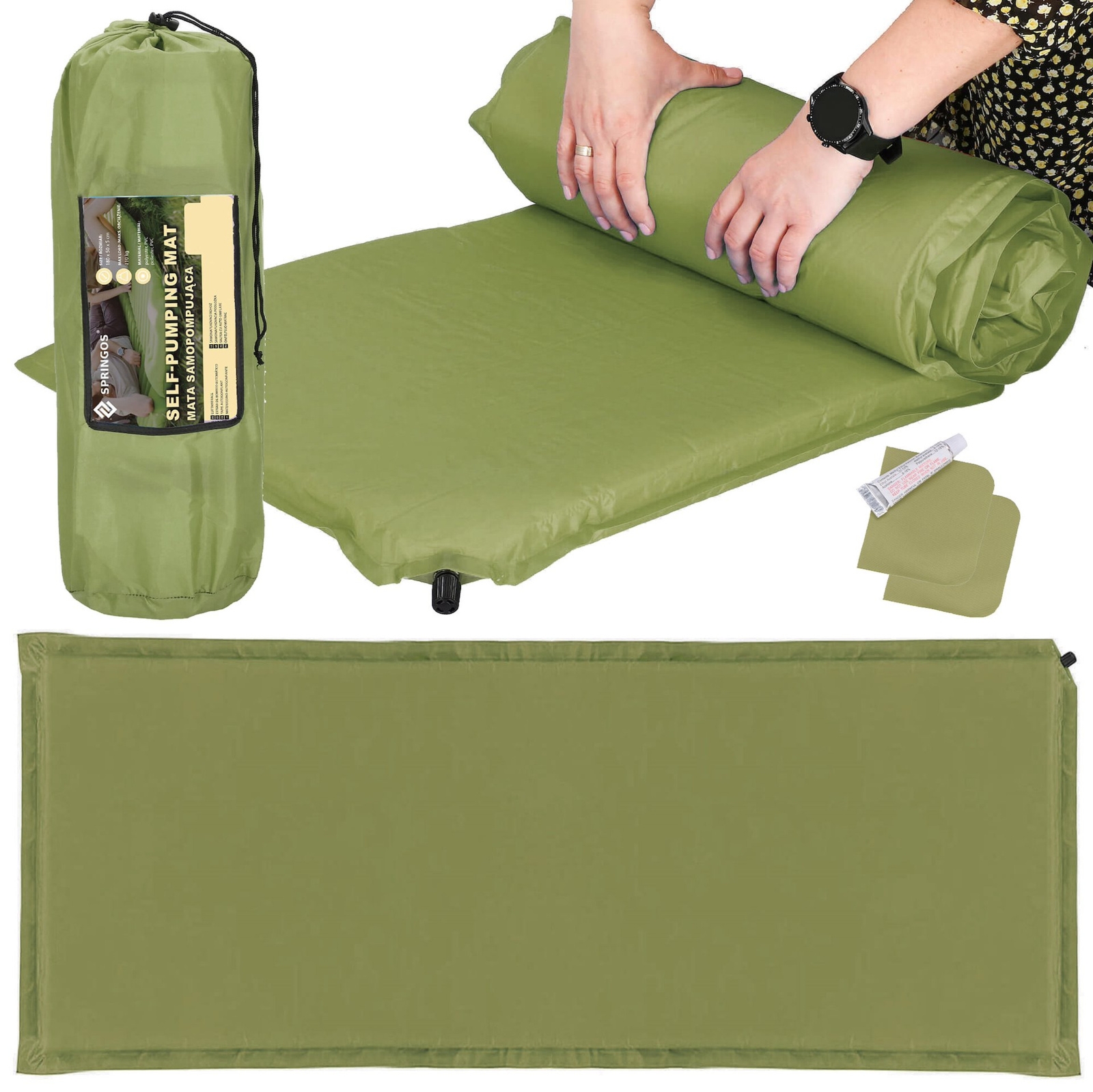 Mata samopompująca materac 180 cm z pokrowcem mata turystyczna biwakowa zielona