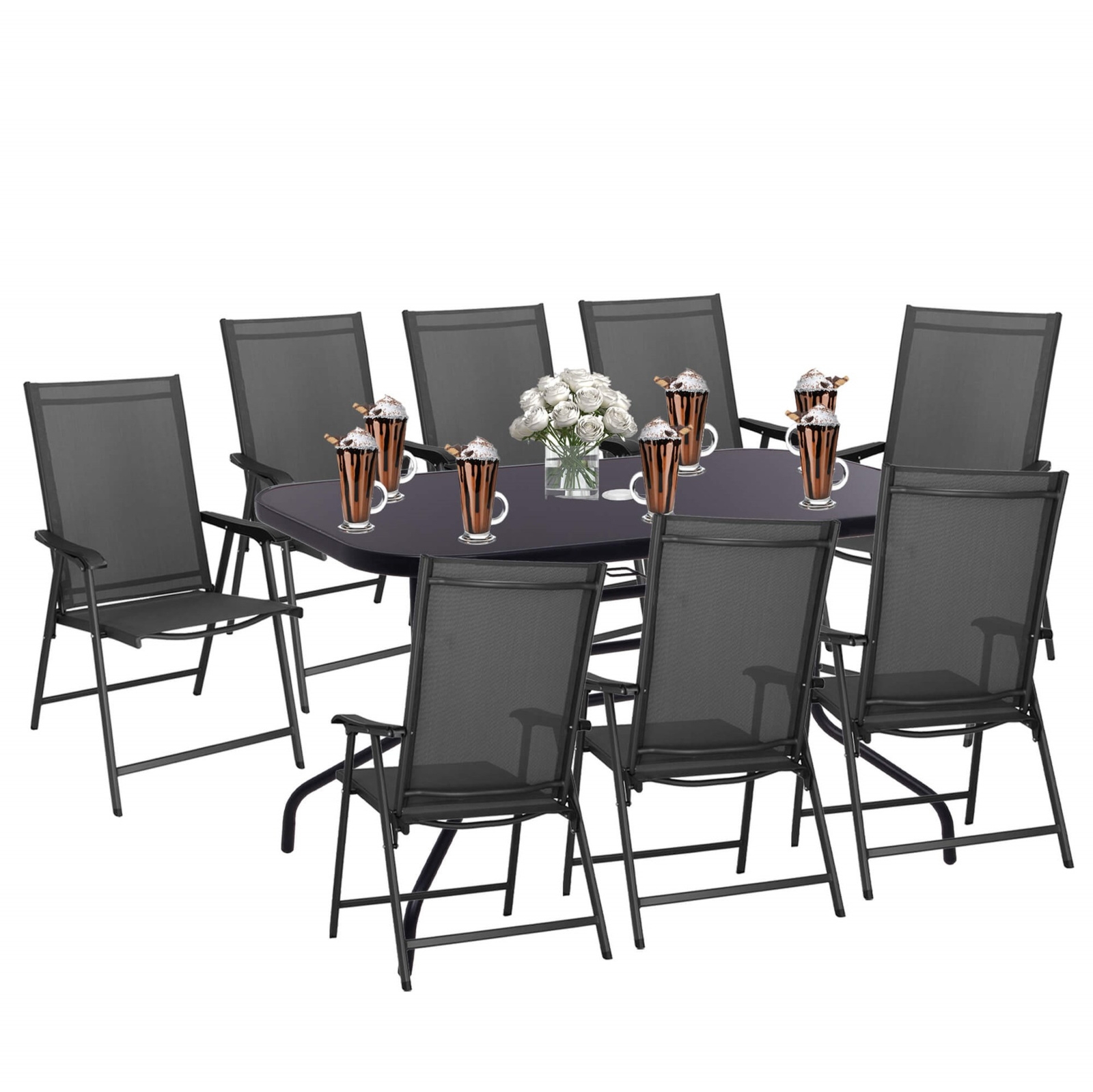 Zestaw mebli ogrodowych stół ze szkłem hartowanym, 8 krzeseł komplet na taras czarno-szary