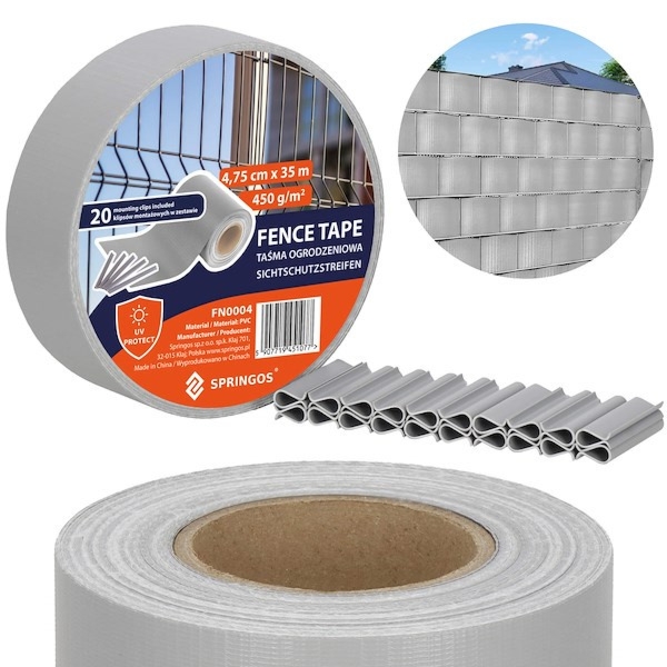 Taśma ogrodzeniowa PVC 4,75x35m 450 g/m2 z klipsami mocującymi 20 szt. szary