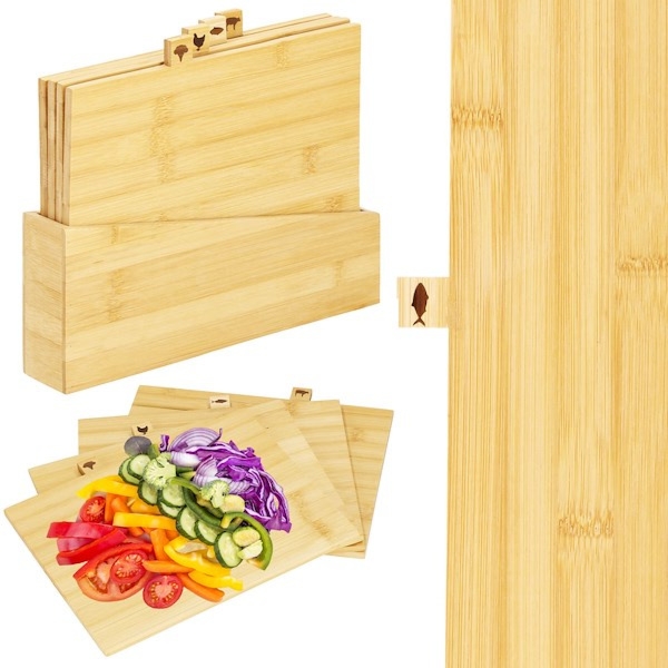 Deski do krojenia bambusowe 4 szt. ze stojakiem zestaw kuchenny