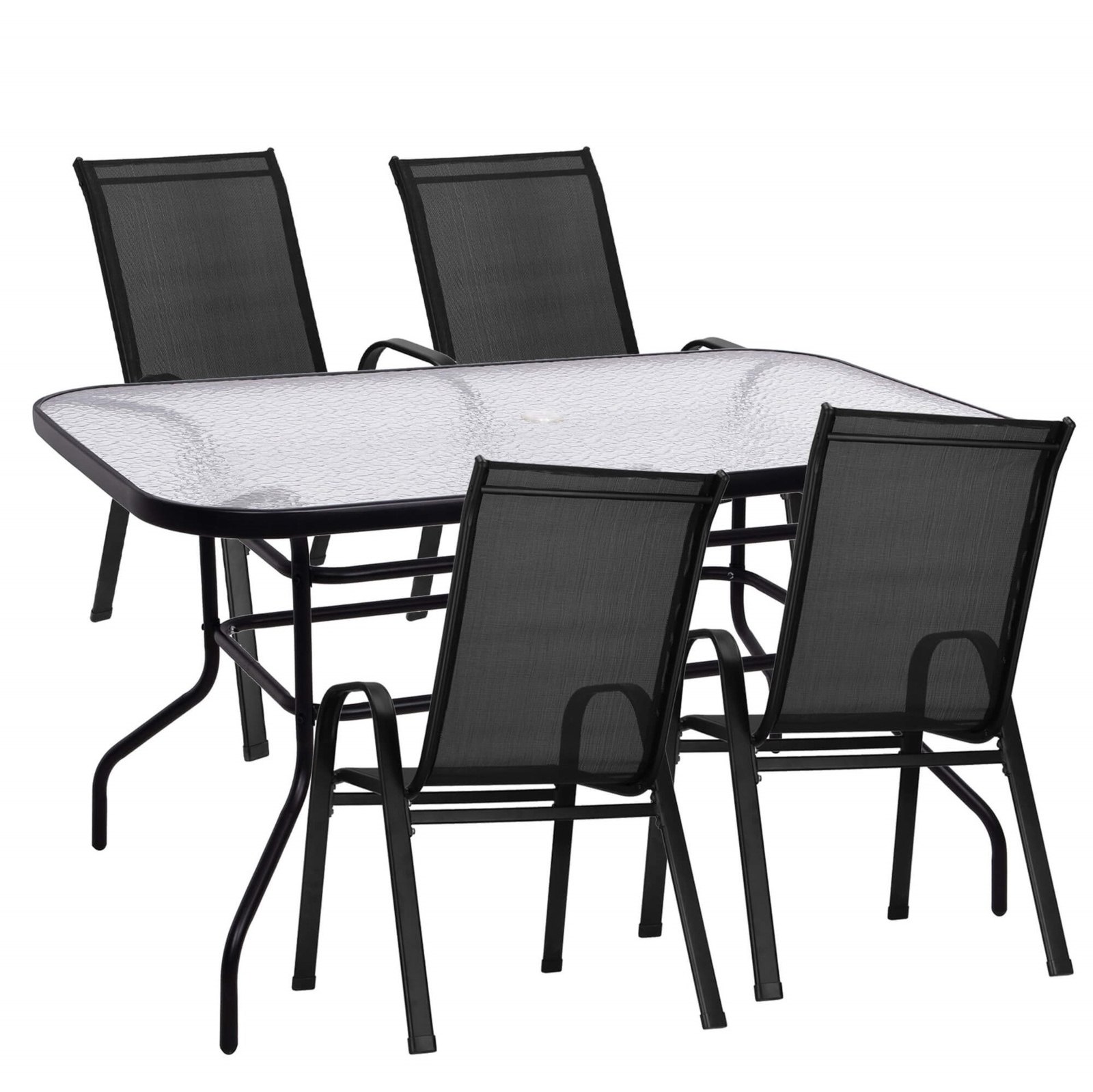 Zestaw mebli ogrodowych dla 4 osób, stół ze szkłem hartowanym 4 krzesła, metalowe, czarne
