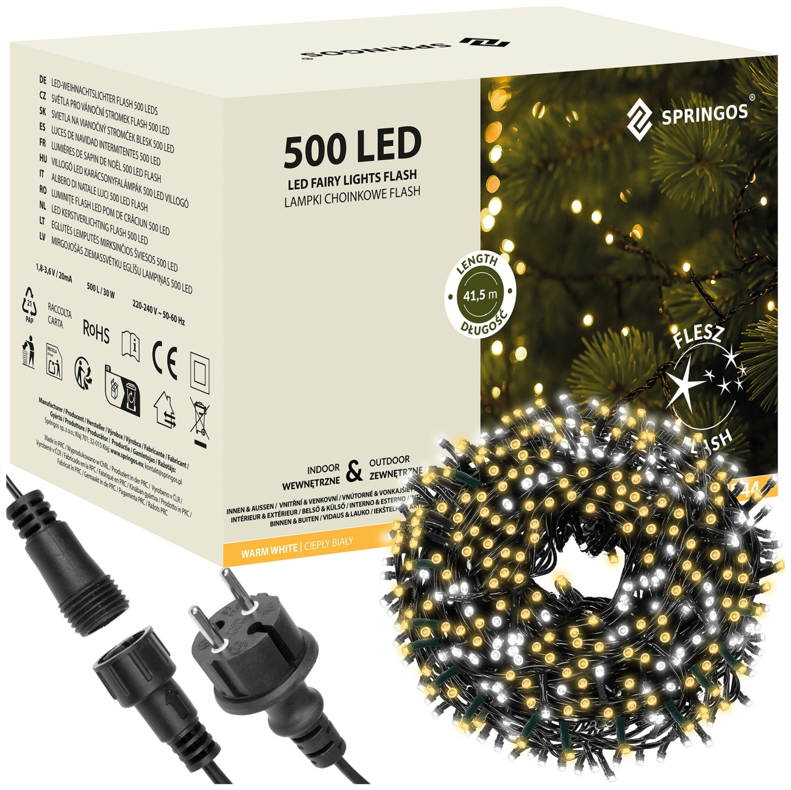 Lampki choinkowe 41,5 m biały ciepły, flash biały zimny 500 led oświetlenie świąteczne IP44