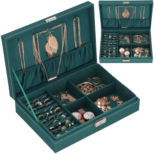 Szkatułka na biżuterię 28x19,5x7 cm zielony kuferek z przegródkami welurowy