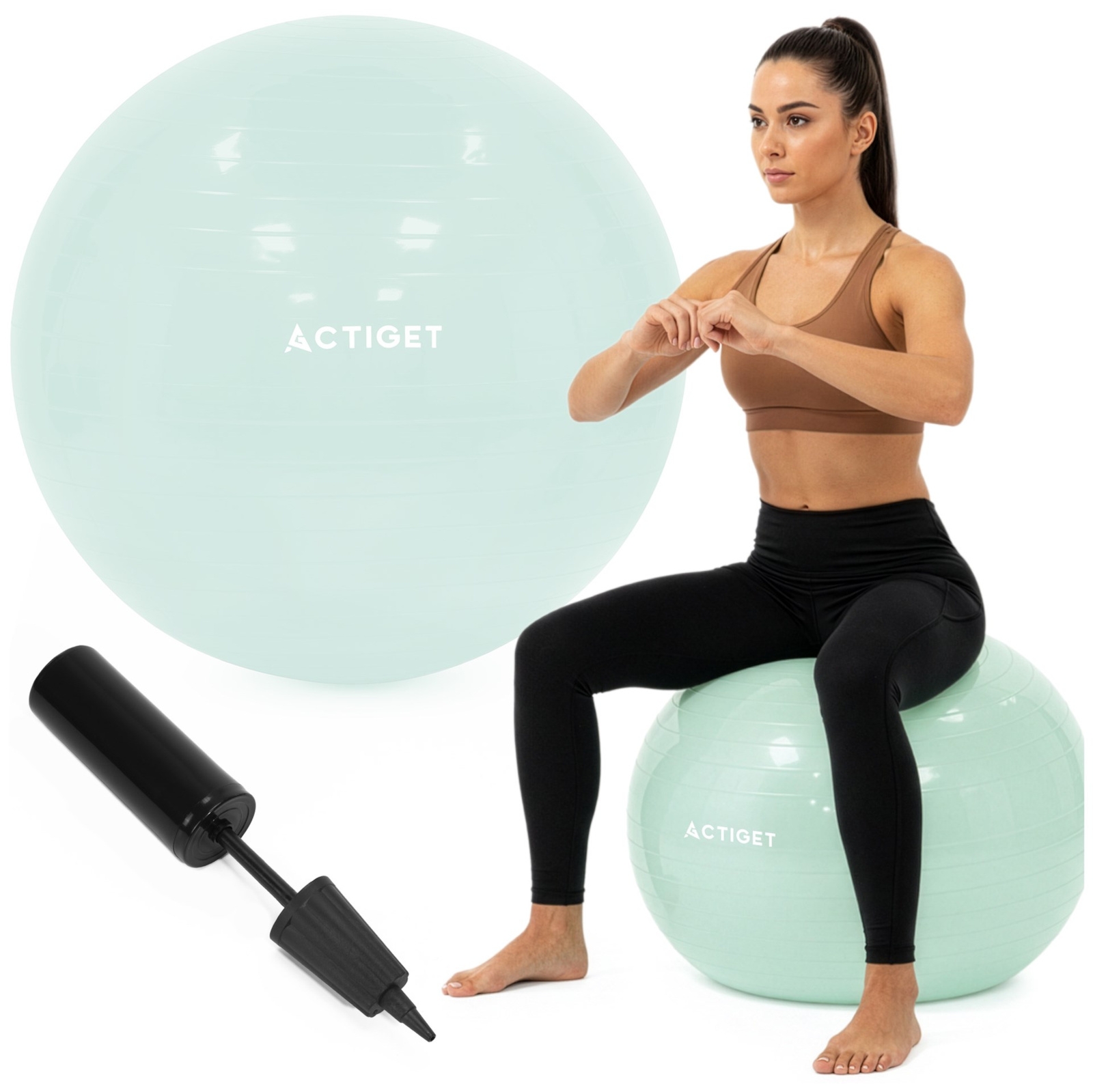 Piłka fitness 65 cm do ćwiczeń pilates i jogi z pompką, gimnastyczna, miętowa