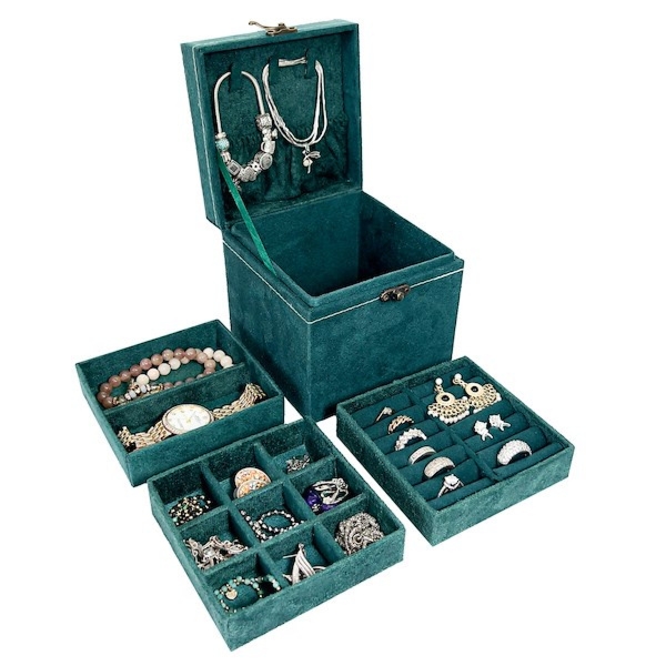 Szkatułka na biżuterię 12x12x12 cm zielony kuferek z przegródkami i lusterkiem welurowy