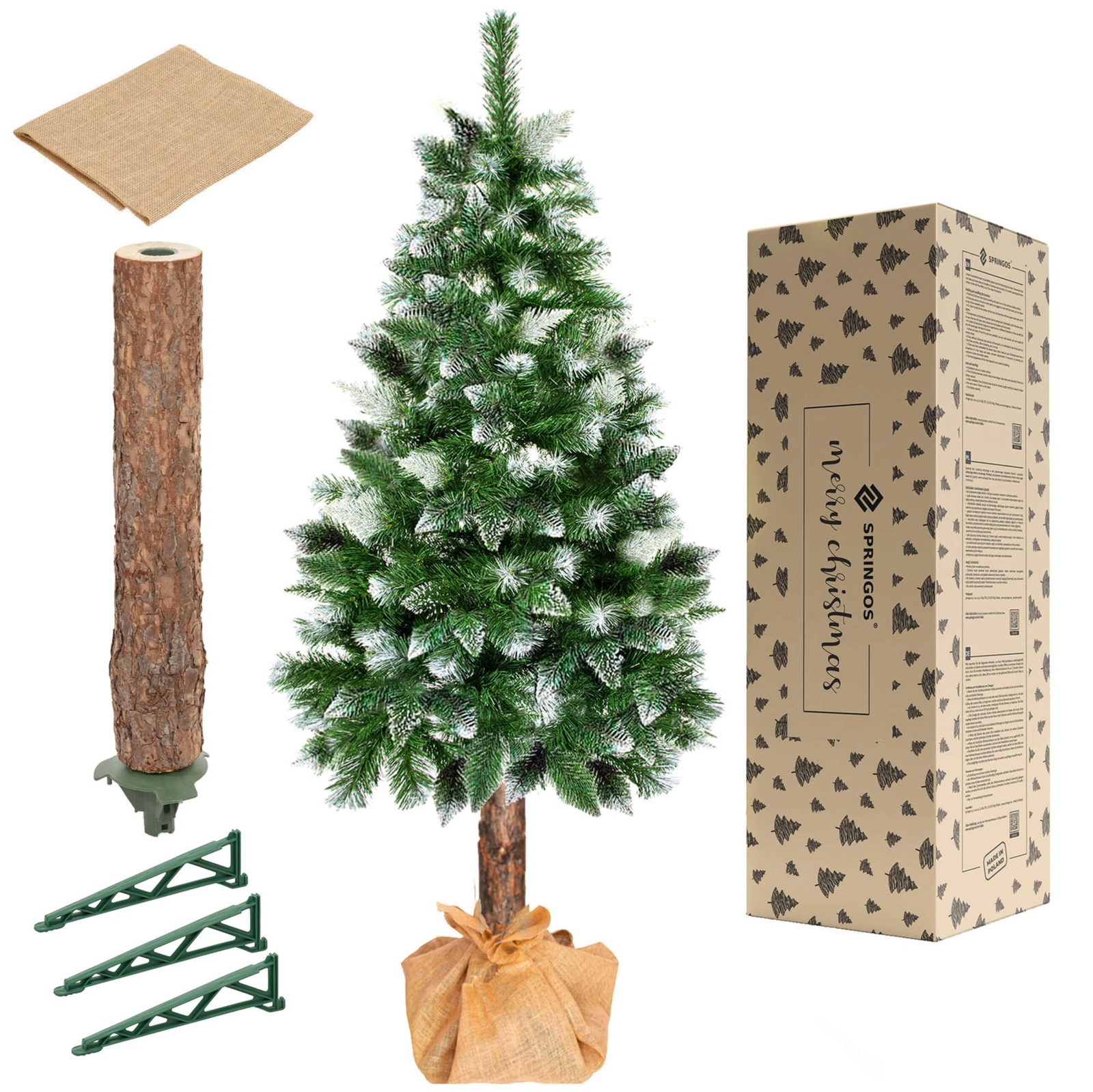 Sztuczna choinka na pniu 220 cm ośnieżona sosna diamentowa ze stojakiem i jutą premium