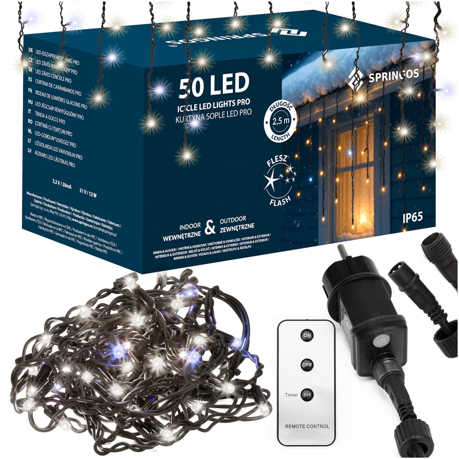 Kurtyna świetlna sople PRO 50 Led zewnętrzna 2,5 m zimny biały + zimny biały flash zestaw