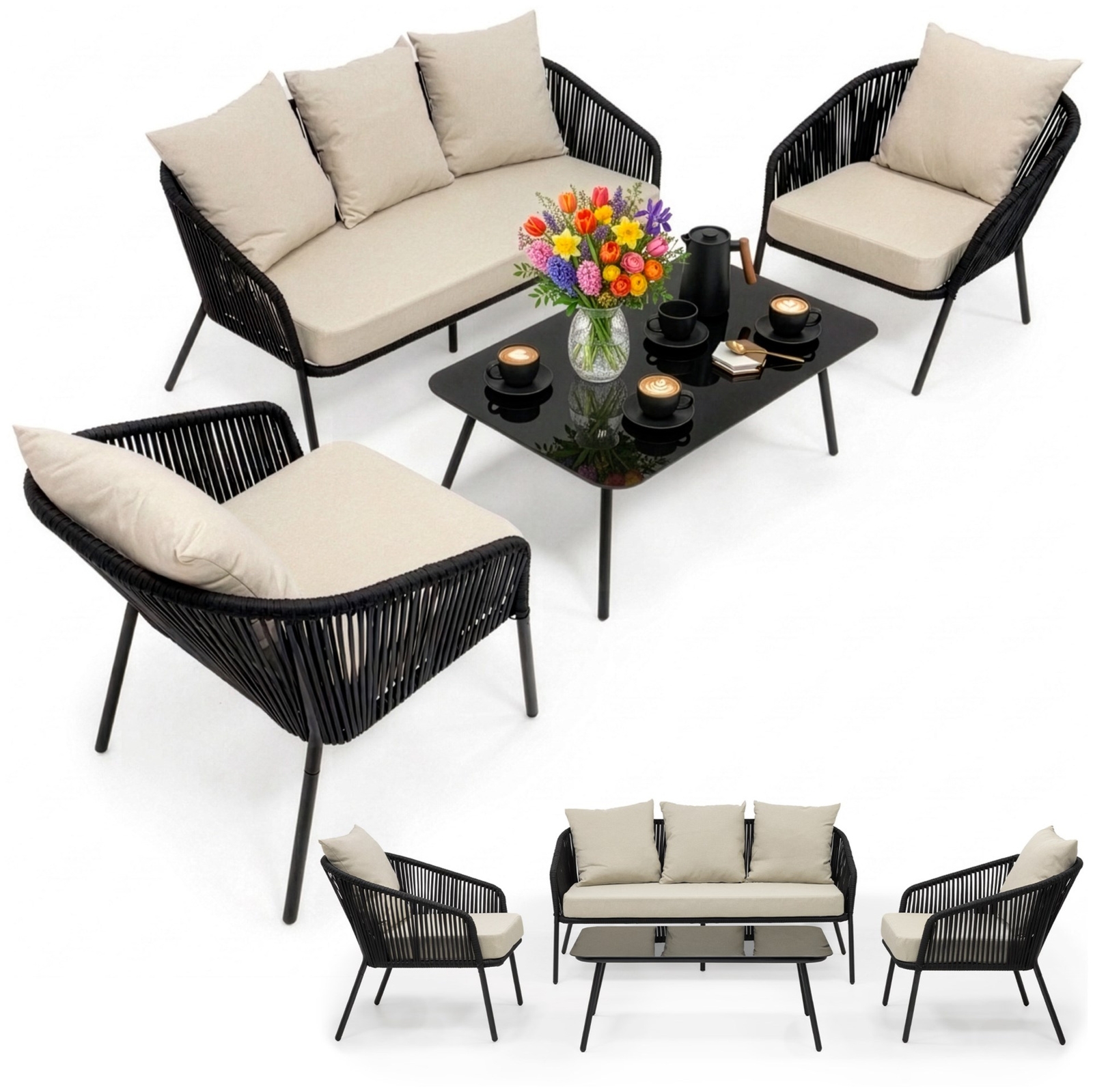 Meble ogrodowe, komplet mebli na taras: stolik kawowy, fotele, sofa, czarno-beżowe
