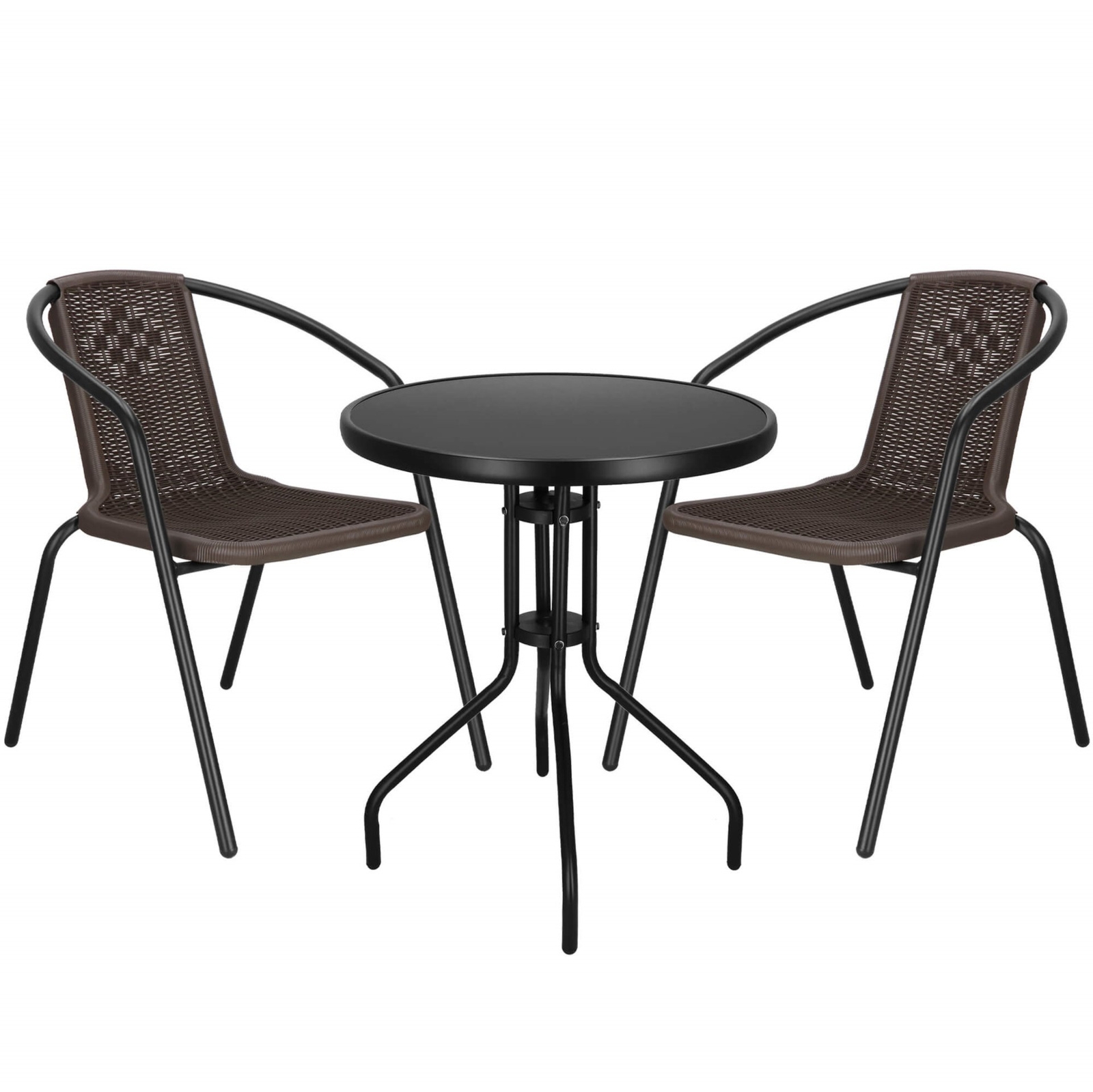 Zestaw mebli ogrodowych stół okrągły i 2 krzesła metalowe komplet ogrodowy czarno-brązowy