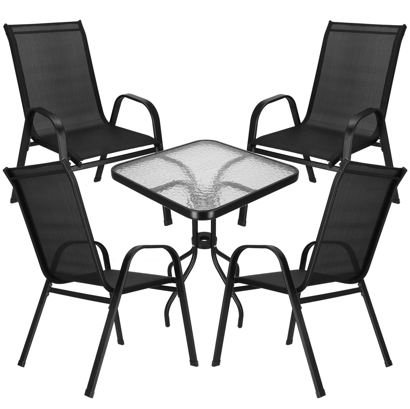 Meble ogrodowe 4 metalowe krzesła, stół z szkła hartowanego zestaw na taras czarny