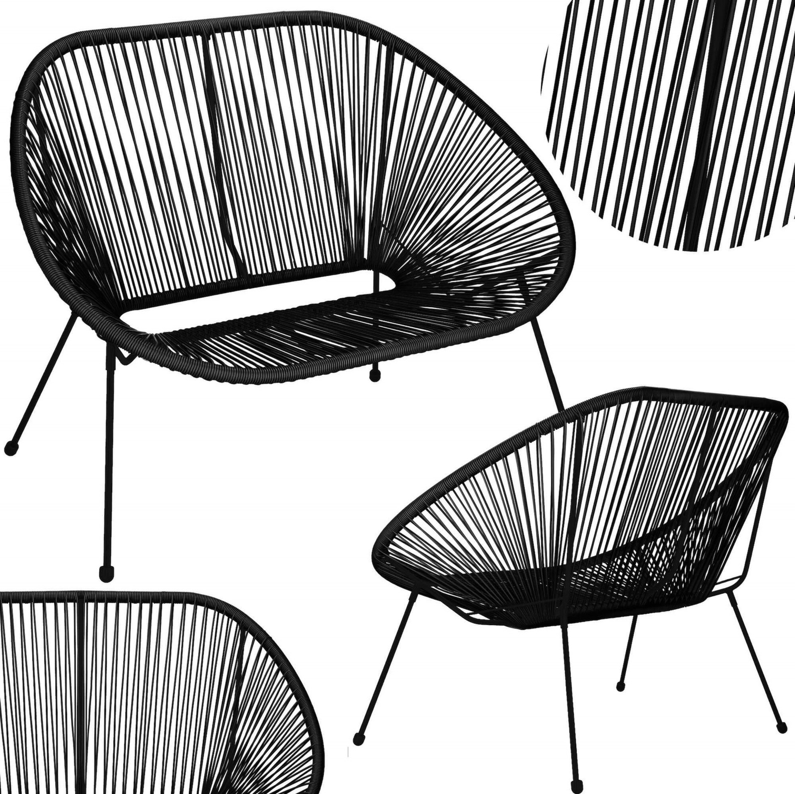 Kanapa ażurowa na balkon, taras z rattanu, sofa na nóżkach czarna