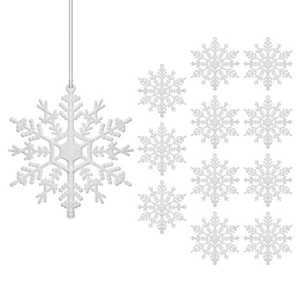 Śnieżynki brokatowe 12 szt. zawieszki na choinkę 12 cm białe brokat