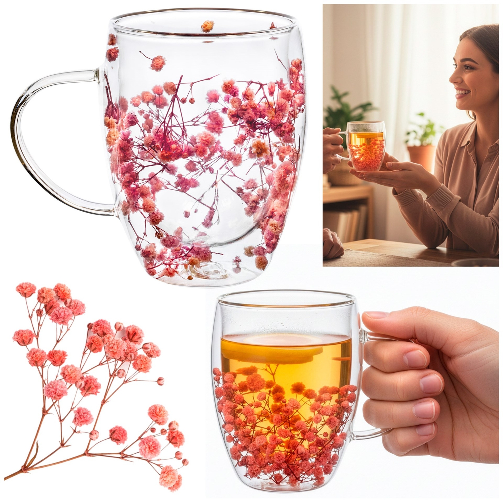 Szklanka z podwójnym dnem termiczna 300 ml z kwiatami filiżanka na kawę herbatę, z uchem