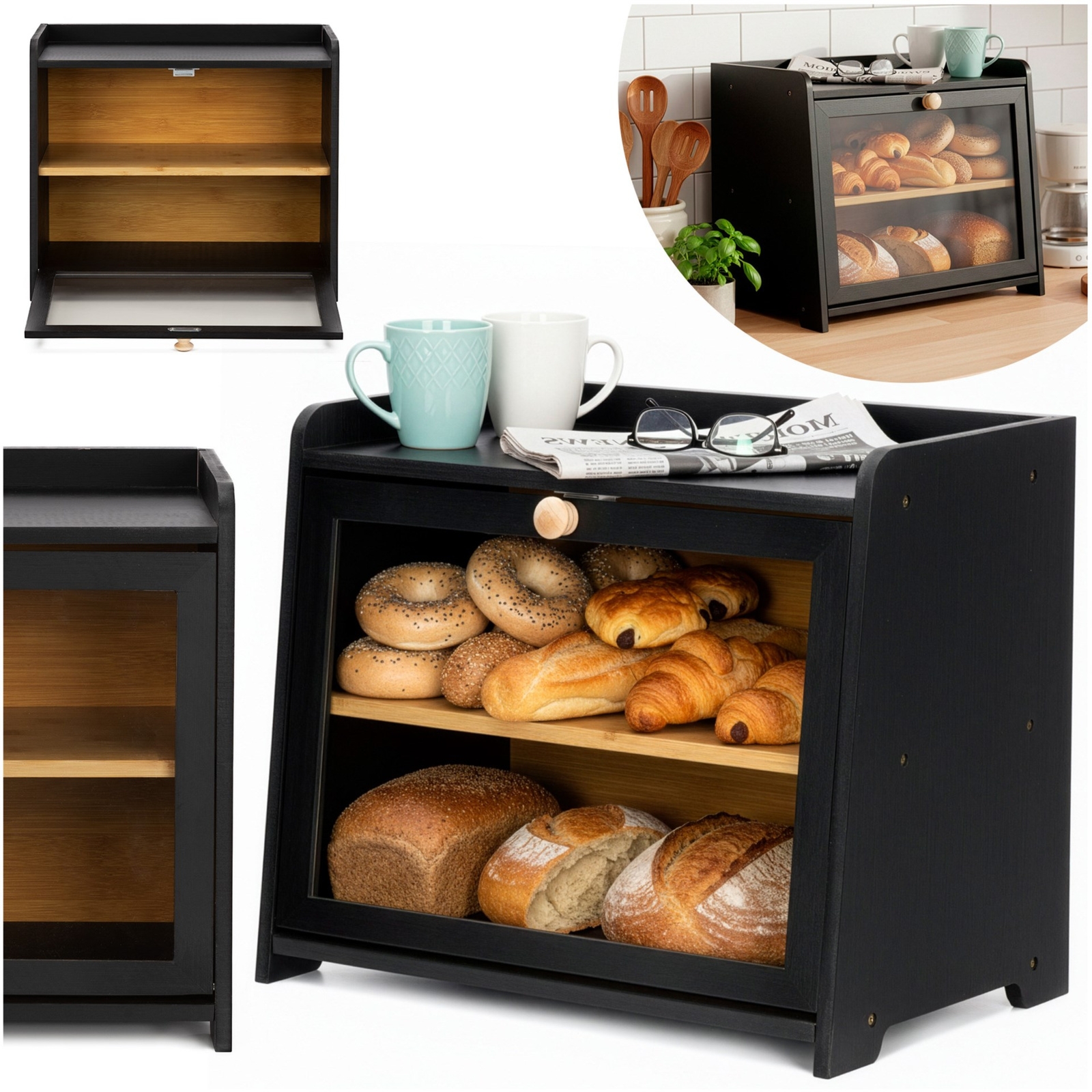 Czarny chlebak bambusowy dwupoziomowy duży pojemnik na pieczywo, z okienkiem, szafka