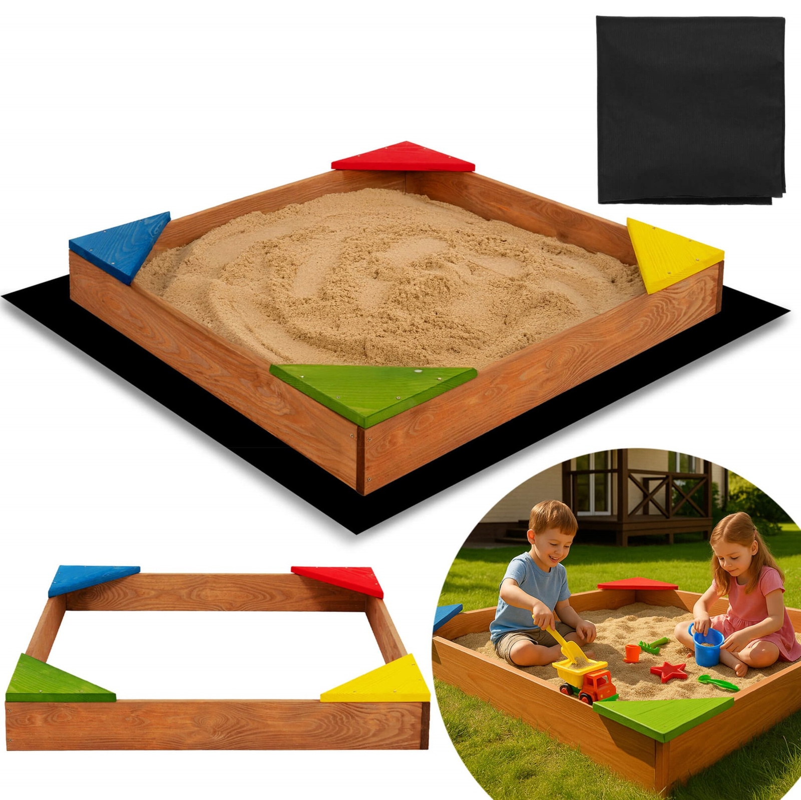 Piaskownica dla dzieci 90x90 cm z ławkami narożnymi i agrowłókniną drewniana impregnowana